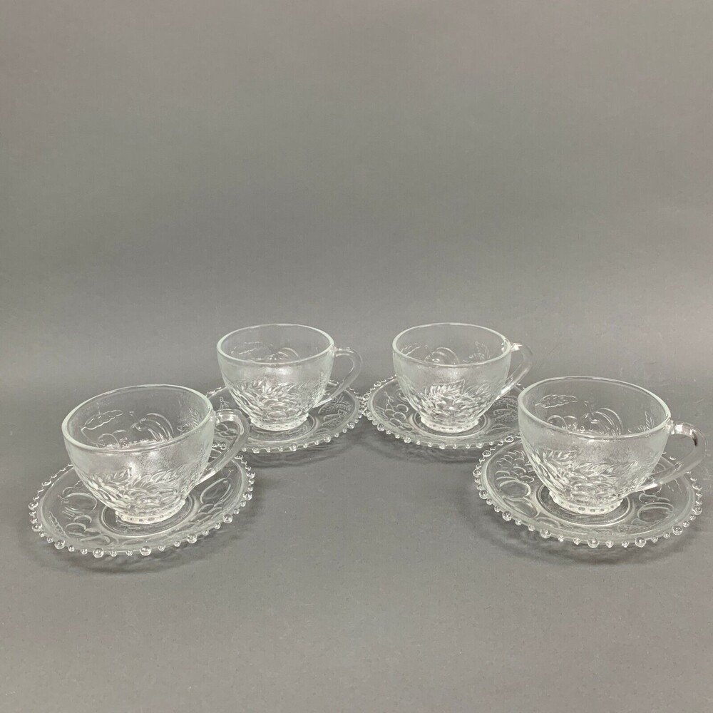 KIG Indonesia Clear Glass Cups Saucers‎ Sets Fruits Beaded Edge Lot of 8 Pieces